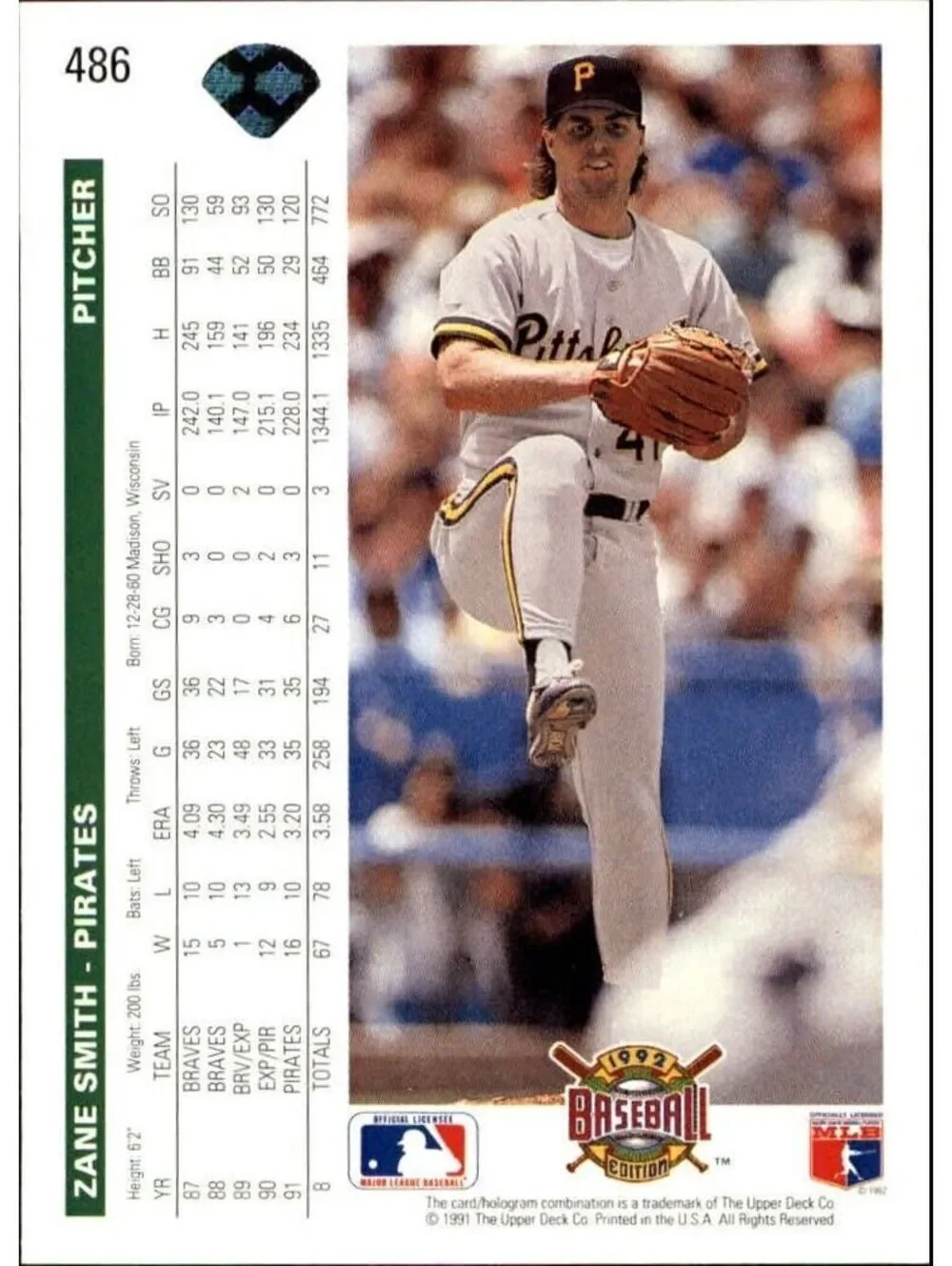 Zane Smith 1992 Upper Deck MLB #486 Baseball Card Pittsburgh Pirates